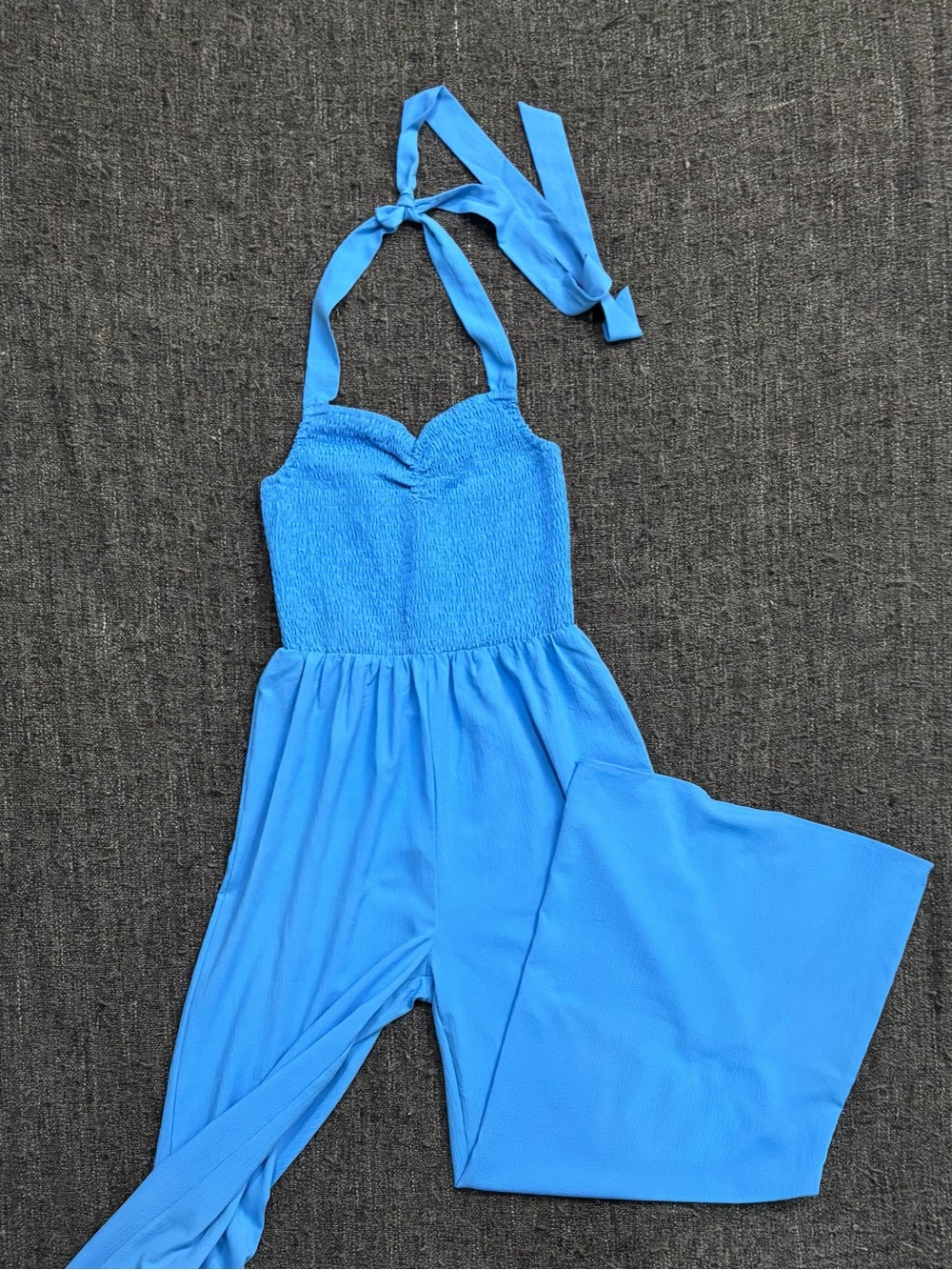 NWT Sz S Lumière Blue Smocked Halter Wide Leg Jumpsuit Resort Vacation